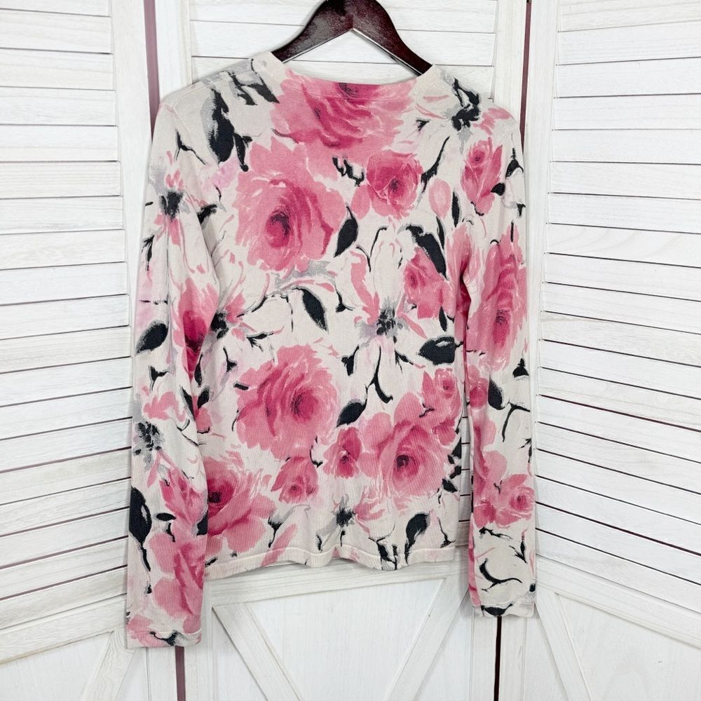 Jones New York Floral Silk Blend V Neck Cardigan Sweater‎ Cream Pink Medium - Picture 8 of 12